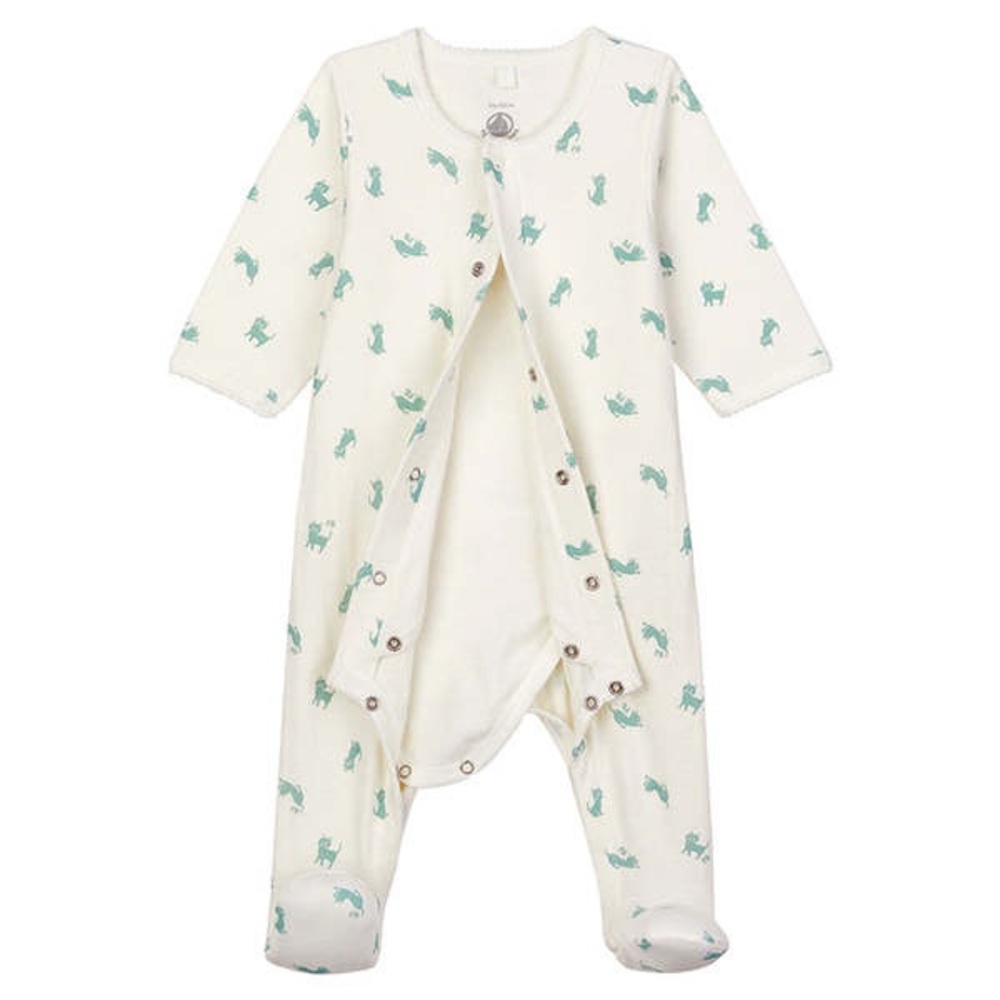 Petit Bateau Bodypyjama Cotton Baby Pyjama Footie 9M - Green Cat Print - Picture 3 of 11